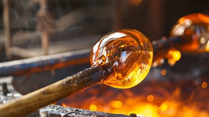 Close-up of a glassblowing process with molten glass on a rod, surrounded by flames and heat in a traditional workshop setting.