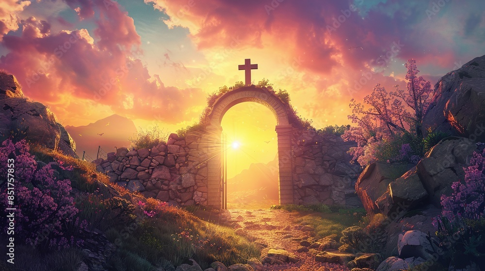 Wall mural heaven god holy church bethlehem illustration landscape art pathway heaven artwork paradise sun light jesus divine nature background sky clouds gateway to heaven faith religion dream christmas easter