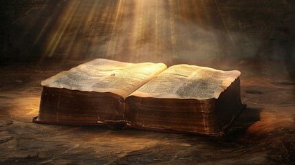 Holy Bible. Sacred ancient book illuminated by miracle of light. Faith and religion concept. Generative AI
