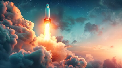 A rocket is flying through the sky, leaving a trail of smoke behind it. The sky is filled with clouds, giving the scene a dreamy and ethereal feel