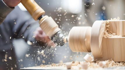 Close-up of a skilled woodworker shaping wood using a lathe, surrounded by wood shavings in a workshop setting.