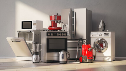 Set of home kitchen appliances in the room with sun light. All texture were created me, illustration doesn´t contain any trademarks.