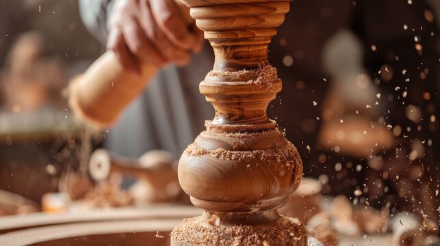 Close-up of a skilled woodturner shaping a wooden piece on a lathe, with wood shavings flying in a workshop setting.