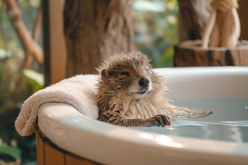 A cute groundhog enjoys a warm bath with a content expression, adding charm to this adorable scene
