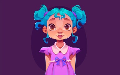 Create a digital art piece portraying a charming girl with blue hair and a purple dress