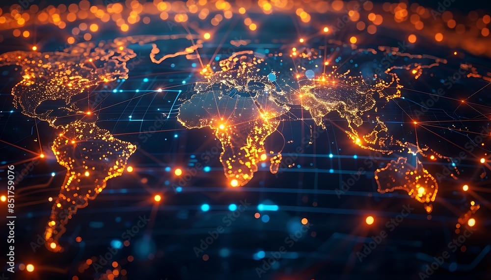 Fototapete world map with glowing interconnected network lines, representing global connectivity and futuristic