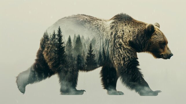 Forest landscape double exposed with a bear silhouette