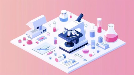 Fototapeta premium Isometric illustration of a science lab with a microscope and beakers.
