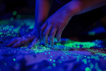A close-up of human hands interacting with vibrant green neon particles, conveying a sense of discovery