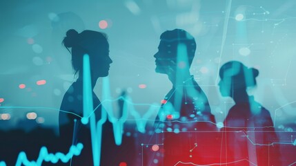 Medical team collaborating in hospital, double exposure with heart monitor graph, copy space for health messaging.
