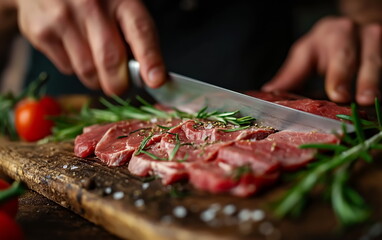 chef cutting meat on a wooden board
