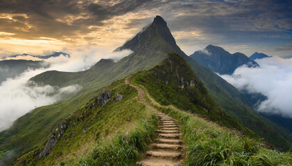 Foot path leading through mountain ridge above clouds level
