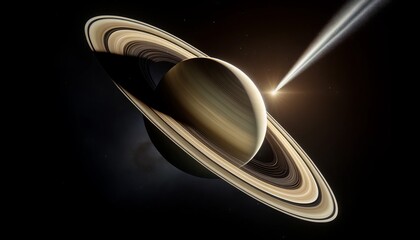 A detailed close-up of Saturn with a bright comet streaking across its rings.