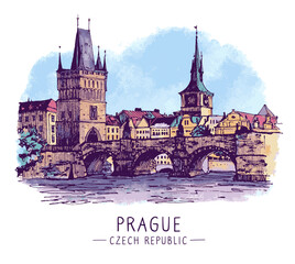 Travel sketch, illustation, landscape colorful of Prague, Czech Republic, Europe. Freehand digital drawing of the old town, with a pen on paper, watercolor texture. Hand drawn travel postcard, banner