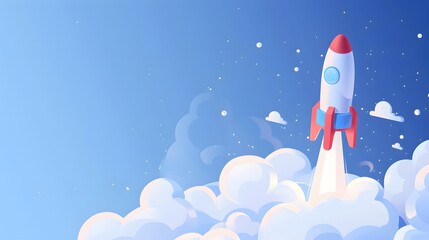 A rocket is flying through the sky, leaving a trail of smoke behind it. The sky is filled with clouds, giving the scene a dreamy and ethereal feel