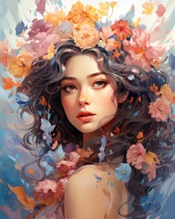 A beautiful woman adorned with colorful flowers in her curly hair, evoking a sense of natural beauty and artistic elegance.