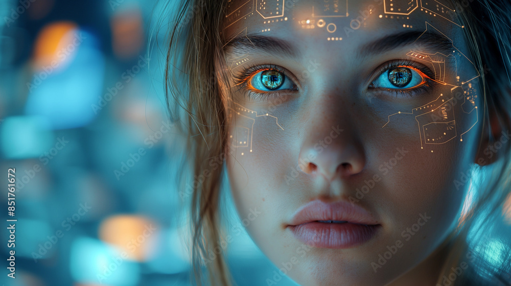 Poster a beautiful woman's face appears within a network of computer circuitry in an image about hackers, s