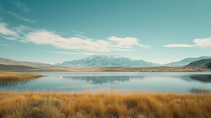 Obraz premium Serene lake reflecting majestic mountain range under blue sky
