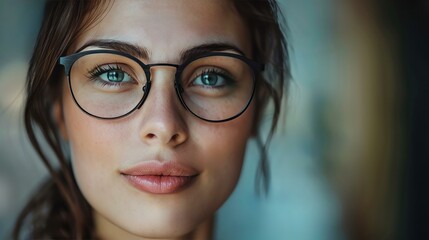 Woman with stylish glasses. Close-up of a young woman with blue eyes and stylish glasses, showcasing contemporary eyewear fashion and optical trends.