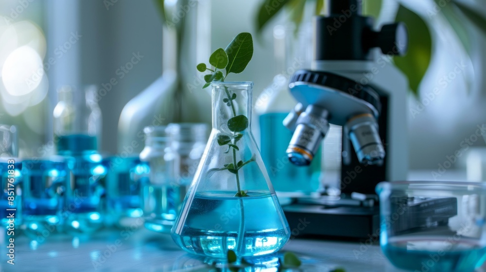 Aufkleber plant research in laboratory setting. a lab flask with plant inside and a microscope in background. 