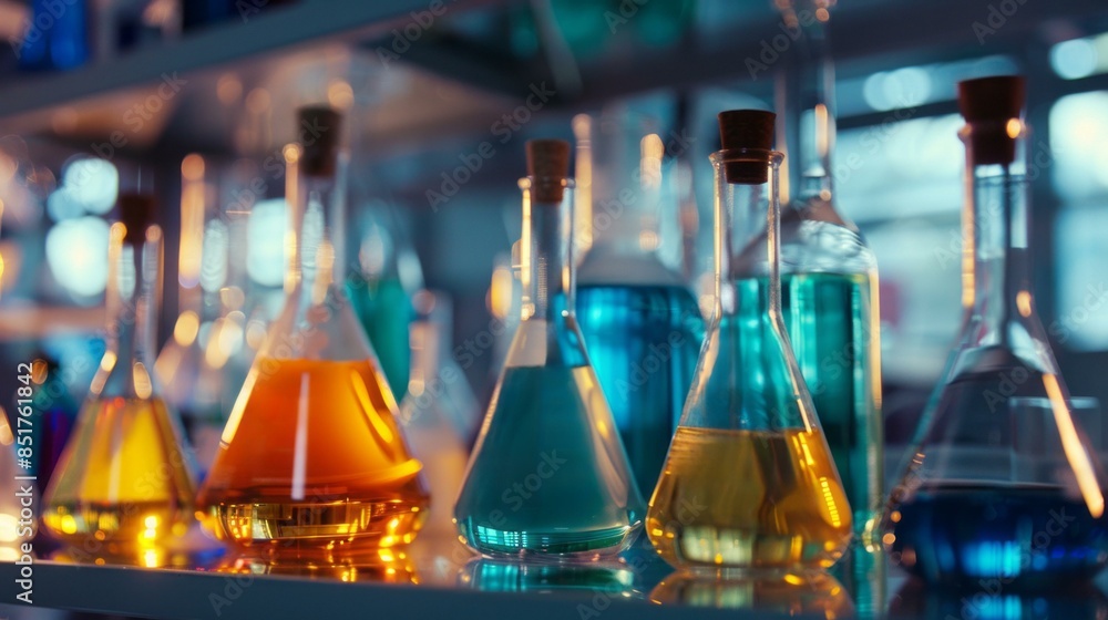 Poster colorful chemistry lab experiment with flasks. erlenmeyer flasks filled with colorful liquids in a s