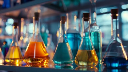 Colorful chemistry lab experiment with flasks. Erlenmeyer flasks filled with colorful liquids in a science laboratory, perfect for scientific research or educational concepts.