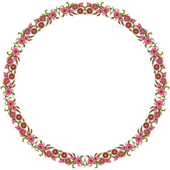 Narrow watercolor wreath of many small pink and red flowers and buds on a transparent background