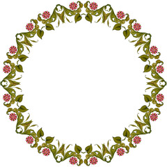 Small bright watercolor flowers and green leaves intertwined in a wreath on a transparent background