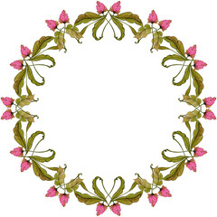 Delicate pink watercolor buds and leaves woven into an art deco wreath on a transparent background