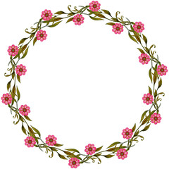 Fototapeta premium Small modest pink watercolor flowers with thin leaves woven into a wreath on a transparent background