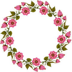 Watercolor wreath with soft pink flowers and buds on transparent background