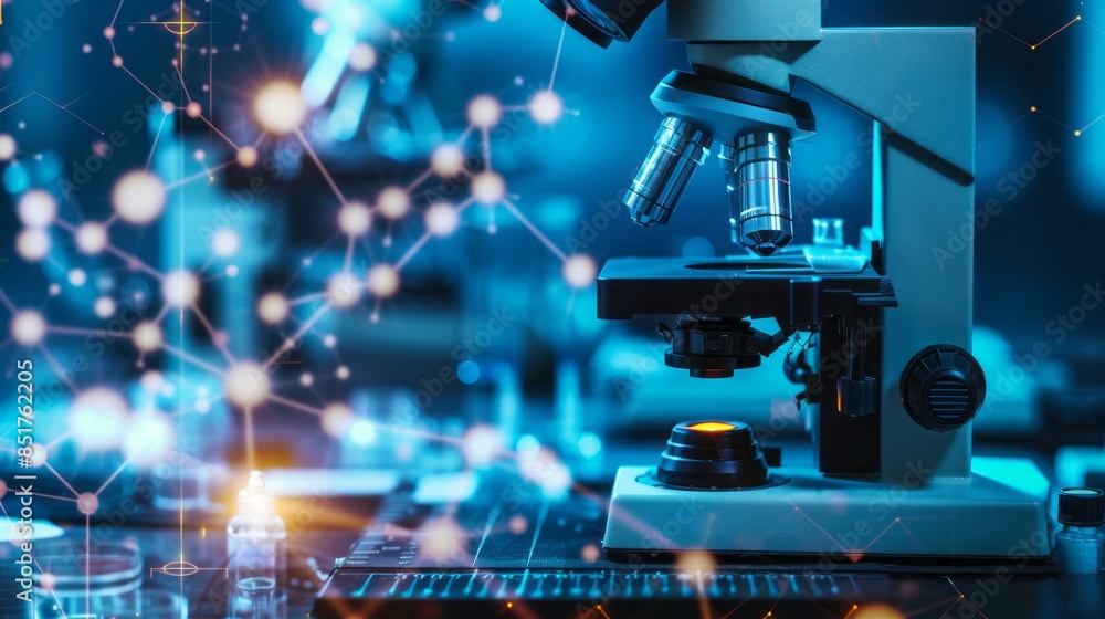 Poster microscope in high tech laboratory research. microscope with glowing lights and network connection g