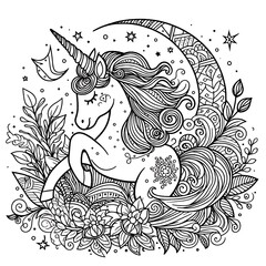 A black and white drawing of a unicorn coloring page design colours drawing graphic eyecatching optimized eyecatching optimized unique.