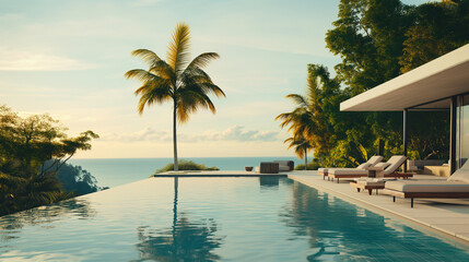 Luxurious infinity pool overlooking tropical ocean at sunset with palm trees