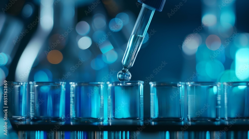 Poster blue science experiment dropper test tubes. dropper adding liquid to test tubes in a science lab, bl