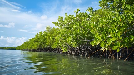 A lush green forest with a body of water in the background. The water is calm and the trees are full of leaves. The scene is peaceful and serene