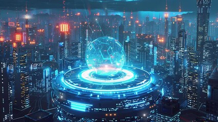 Futuristic technology concept. Abstract digital high tech city design. Modern futuristic smart city. Futuristic technology city concept. Futuristic technology background. Globe and modern city - Powered by Adobe