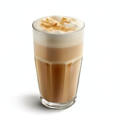 A frothy latte macchiato with distinct layers of milk and coffee in a tall glass, perfect for coffee enthusiasts