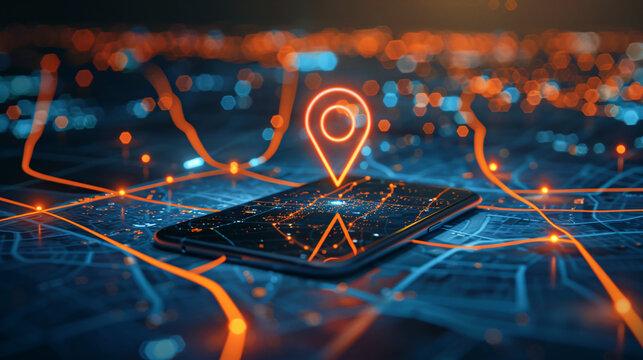 A digital map with virtual boundaries and a mobile device showcasing a geofencing app, illustrating the concept of location-based services and marketing.