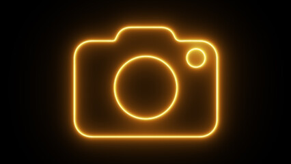 Naklejka premium Neon and glowing photo camera icon. Glowing sign logo.Luminous signboard camera.