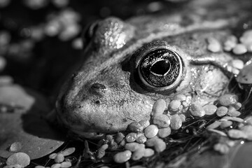Marsh frog, frog eyes, Pelophylax ridibundus, in nature habitat. Wildlife scene from nature, animal in water. Beautiful frog in dirty water in a swamp. amphibian close-up. monochrome