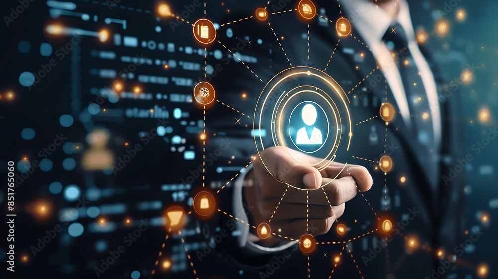 Leinwandbilder A businessman pointing at a compliance icon with a technological business data network in the background, representing regulatory standards
