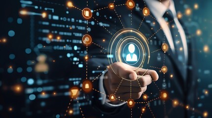 A businessman pointing at a compliance icon with a technological business data network in the background, representing regulatory standards