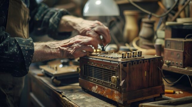 Vintage craftsman working on an antique radio restoration in a workshop filled with old tools and equipment. Hands of skilled worker shown.