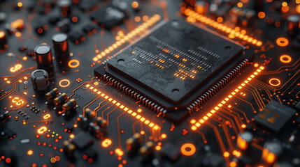 Top down view of circuit board with main controlling CPU chip. Computer graphic of digital device. Computers and technology concept.