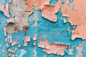 Close-up of a weathered wall with peeling layers of blue and orange paint, showcasing a textured, rustic, and aged aesthetic.