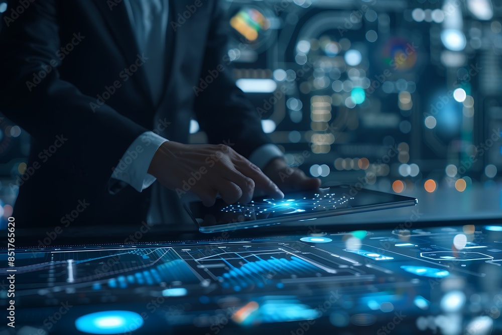 Poster a businessman pointing at a compliance icon with a technological business data network in the backgr