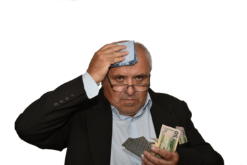 The picture shows a man who looks frightened. In one hand he holds money, and in the other a handkerchief with which he wipes his forehead.