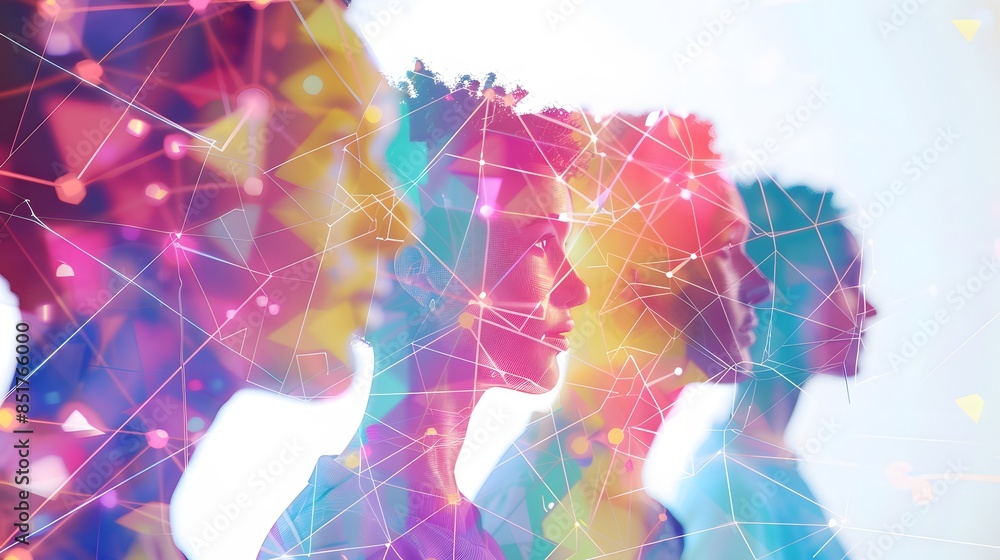 Poster a group of people are shown in a colorful, abstract style. the faces are blurred and the people are 