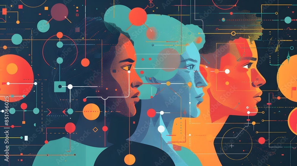 Poster a group of people are shown in a colorful, abstract style. the faces are blurred and the people are 